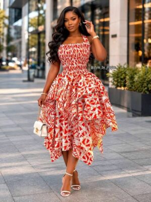 Produit Femme 6 Robe Wax Africain Rouge Asymetrique