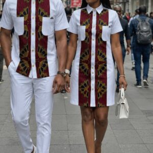 Tenue Couple Chemise Wax Bordeaux et Blanc