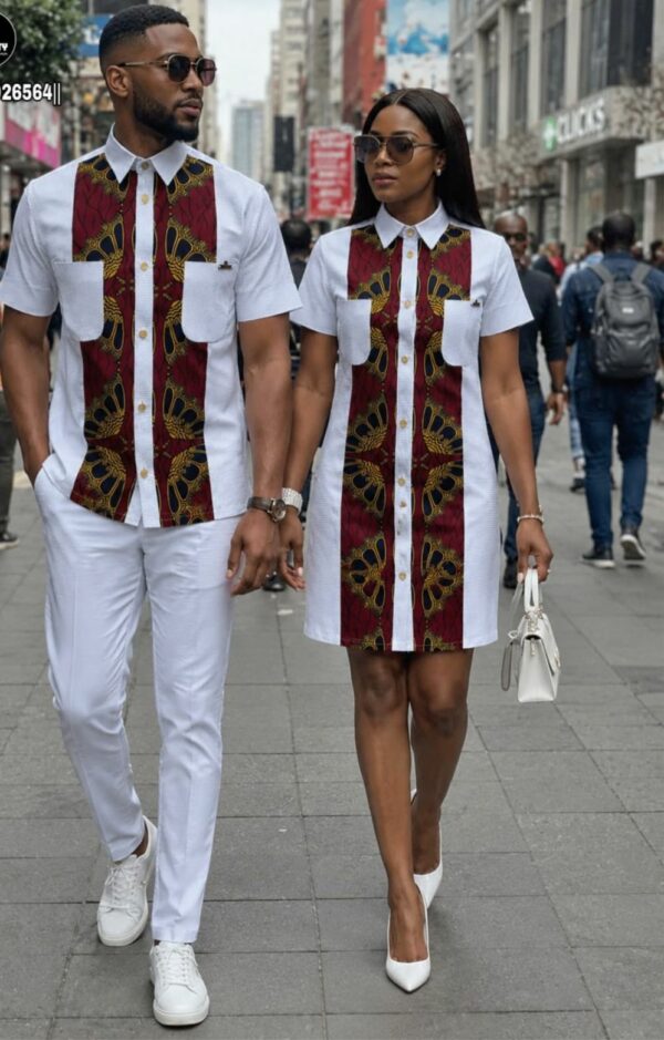 Tenue Couple Chemise Wax Bordeaux et Blanc