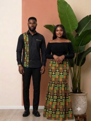 Tenue couple assortie kente noir vert or