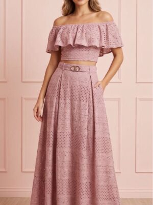 Ensemble Crop Top & Jupe Longue Broderie Rose Poudre Ensemble Crop Top & Jupe Longue Broderie Rose Poudre