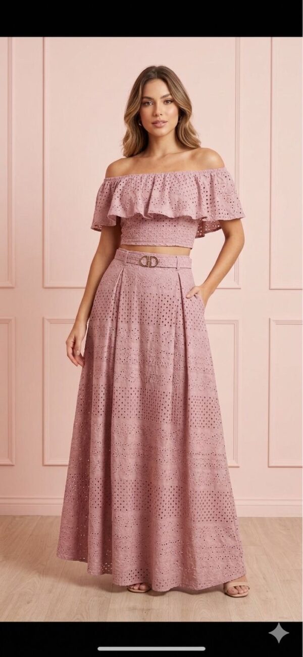 Ensemble Crop Top & Jupe Longue Broderie Rose Poudre Ensemble Crop Top & Jupe Longue Broderie Rose Poudre