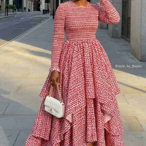 Robe Longue Imprimée Rouge & Rose à Volants